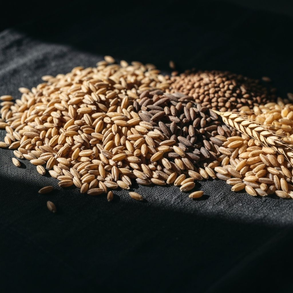Ancient and modern whole grains arranged on linen