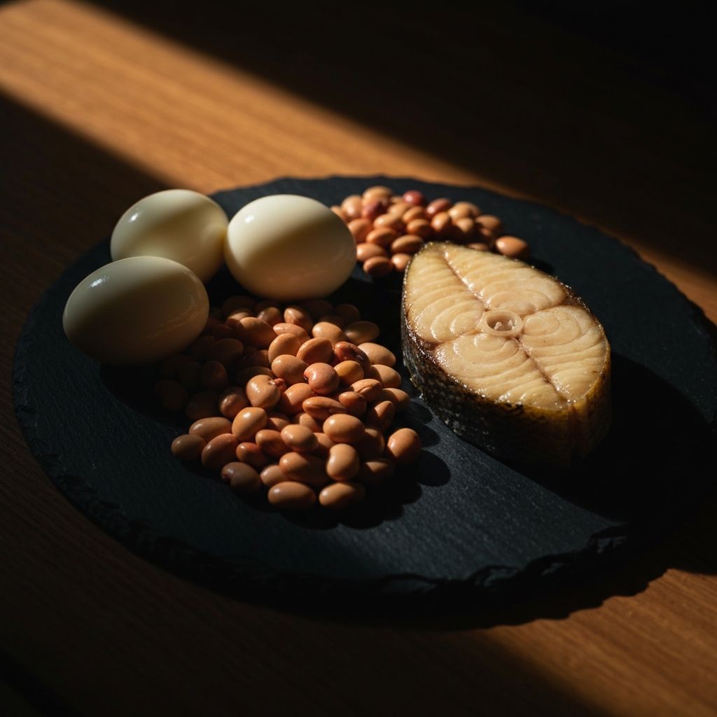 Lean protein foods including eggs and legumes on a dark slate plate
