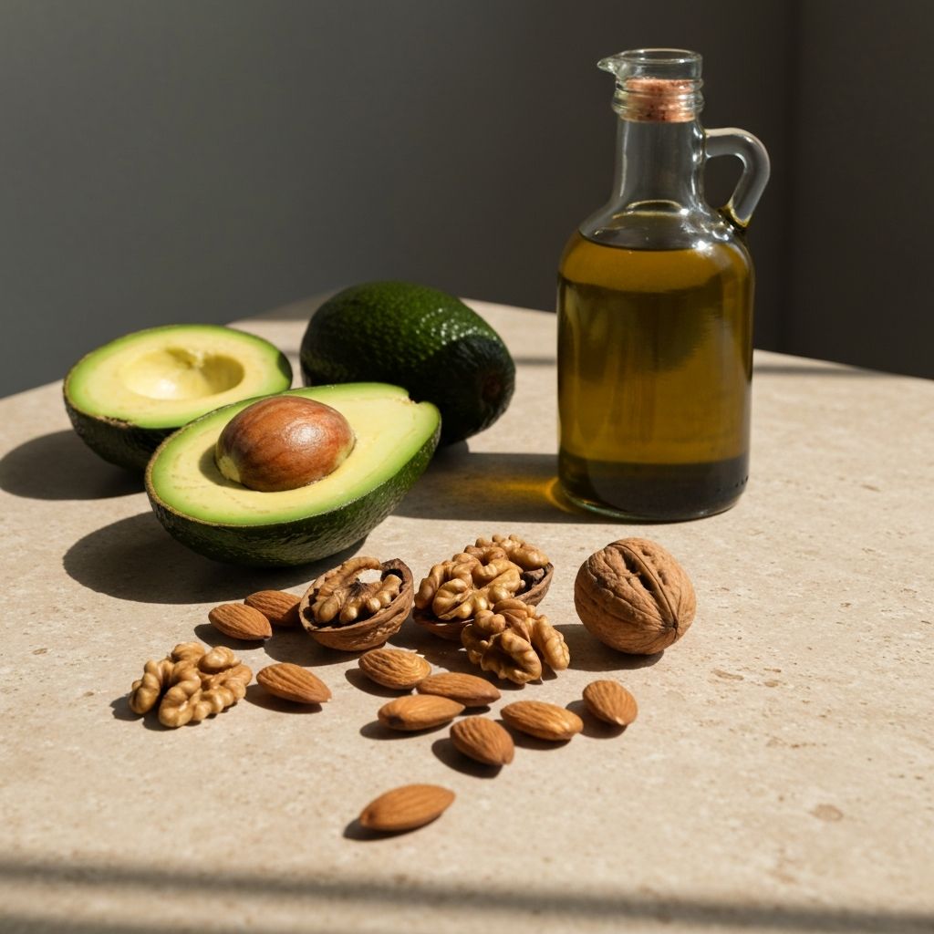 Healthy fat sources including avocado, olive oil and nuts on a warm stone surface