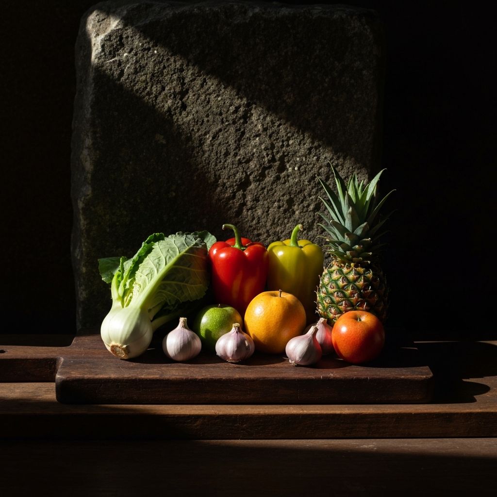 A balanced arrangement of fresh whole vegetables and fruits on a wooden surface with warm natural light